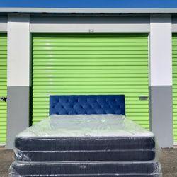 NEW Queen Bed Set – Blue tufted headboard + mattress + box spring  • Ready for delivery