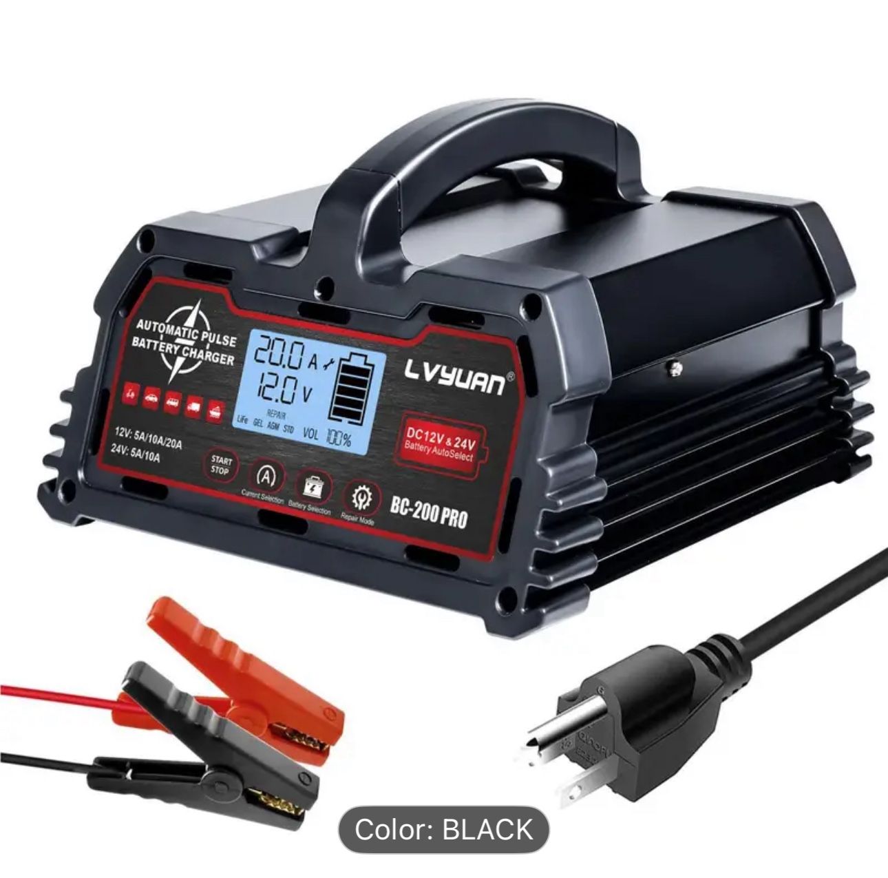 20A Battery Charger, 12V/24V Lead Acid, 12V LiFePO4 Smart Charger