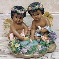 African American Cherub Twins Play Fish Sailboats Pond VTG Music Box