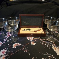 Crystal Cordial Stem Ball Glasses 6 Pcs And Wood Box Wine Opener Set 