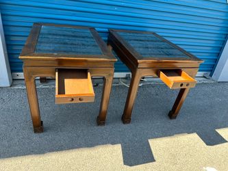 Pair of Asian-Style Wood End Tables with Glass Top