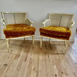 Vintage Golden Yellow Velvet Cane Chair Set