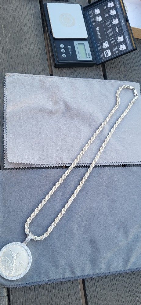 Pure Silver 1947 Centenario With 925 Silver Bezel And Silver 26 Inch Rope Chain