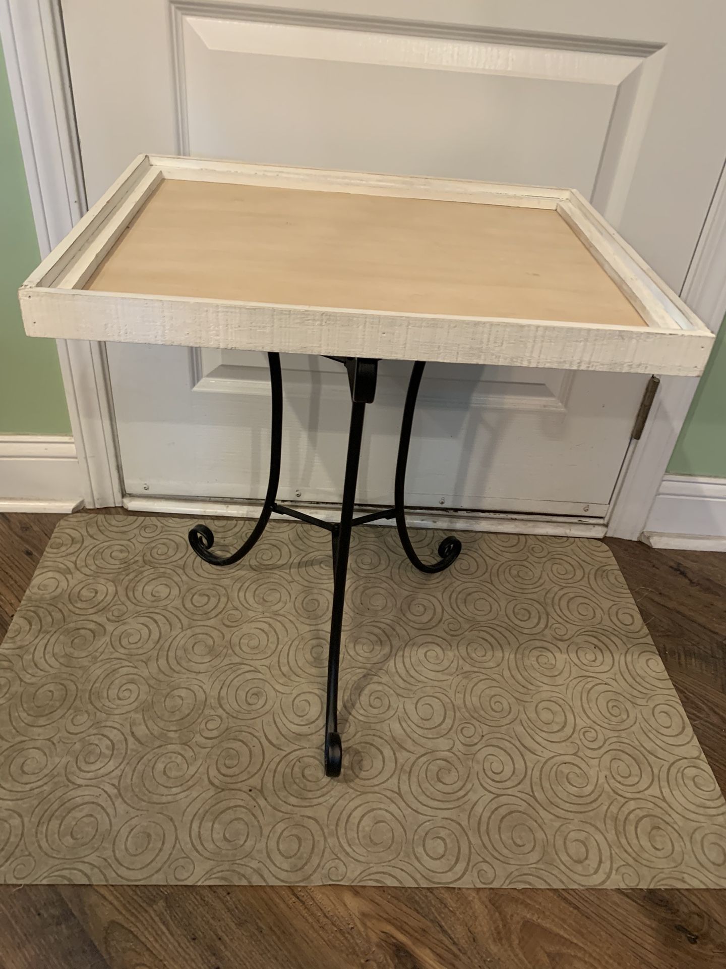 New 16 By 20 Inch Solid Wood Recessed Table On Black Metal Scrolled Tri-legs