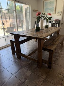 Rustic Solid Wood Dinner Table With Matching Benches - Seats 6