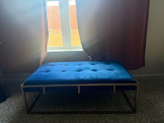Blue Tufted Velvet Ottoman with Gold Metal Frame