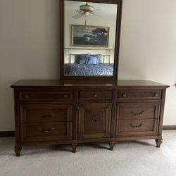 Vintage bedroom set: Dresser with mirror, Tallboy Dresser and nightstand.