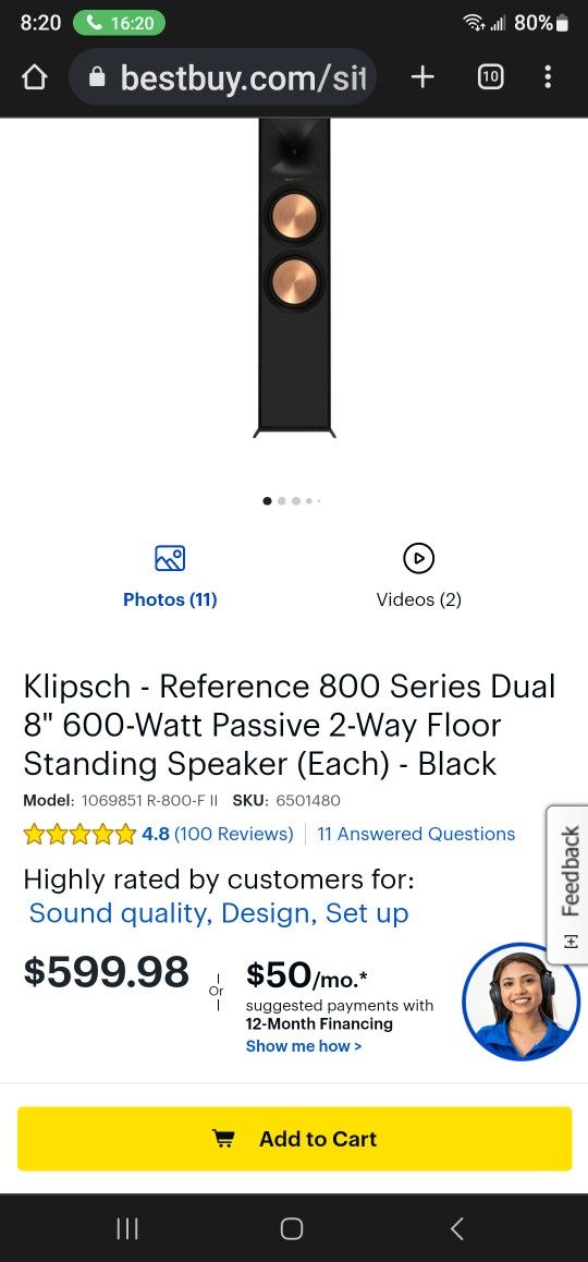 Klipsch R 800 FII Floor Speaker. (1). $400 Pickup In Oakdale