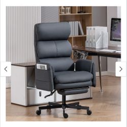 PU Leather Cross-legged Office Chair with Flip-up Arms and Headrest, Footrest and Side Pockets.