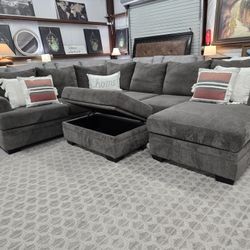 Gray U-Shaped Sectional w/ Storage Ottoman – Same-Day Delivery