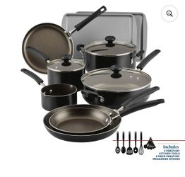 Farberware Easy Clean 22 Pcs Nonstick Cookware Set Includes Griddle Pan and Cooking Tools, Dishwasher Safe, Black