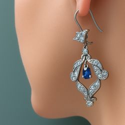Vintage white gold, diamond, and sapphire earrings