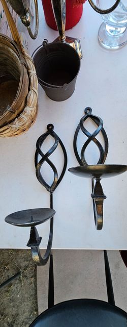 Vintage Wrought Iron Wall Candle Sconces - Twisted Scroll Pair