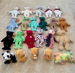 Ty Beanie Babies, new w/ tags, $1. Holy Bears (military), new w/ tags, $1. IKEA Nalle bear, new, $8