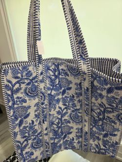 Blue Floral Quilted Canvas Tote Bag