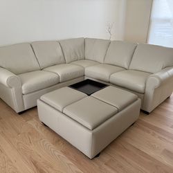 Italian leather sectional with ottoman