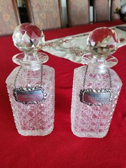 Antique English Cut Glass Decater Sterling Silver Tags
