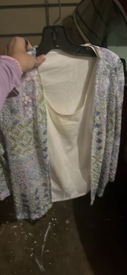 multicolored patterned cardigan with undershirt and necklace