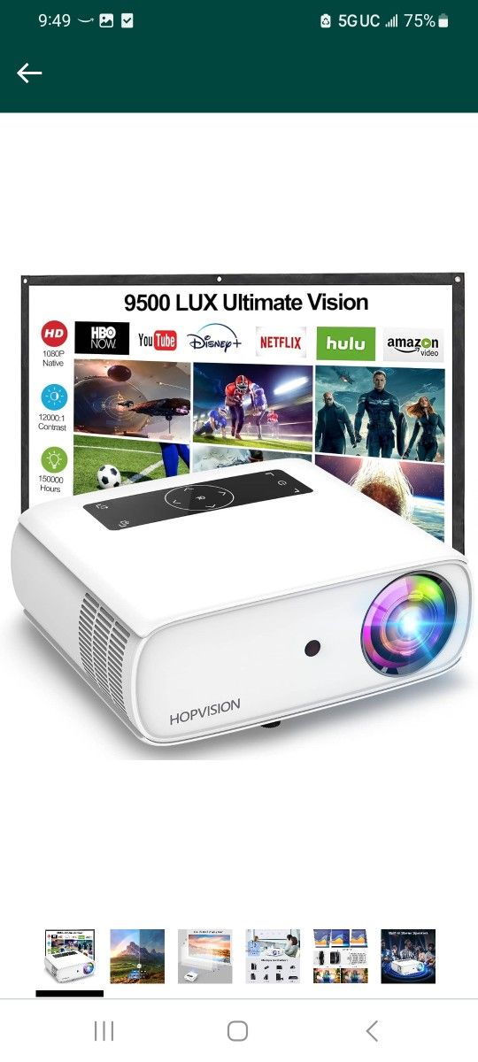 HOPVISION Native 1080P Projector Full HD, 15000Lux Movie Projector with 150000 Hours LED Lamp Life, Support 4K 350" Home Outdoor Projector for Smartph