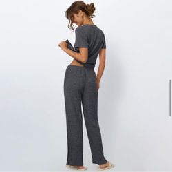 Ribbed Knit Jumpsuit Lounge Set - Black/Grey | Plus Size | 2XL