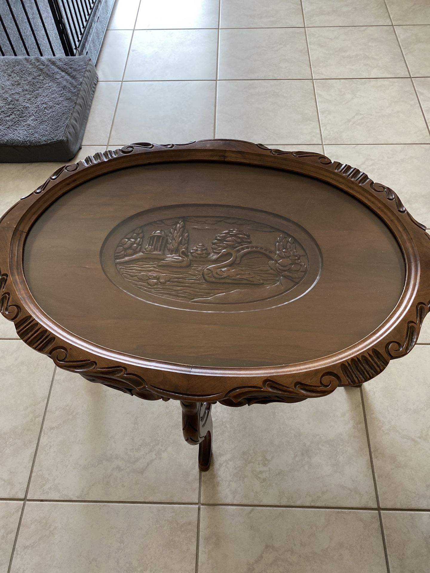 Antique Wooden Table W/ Glass Top