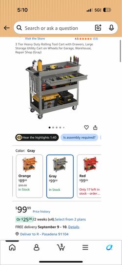 3 Tier Heavy Duty Rolling Tool Cart with Drawers, Large Storage Utility Cart on Wheels for Garage, Warehouse, Repair Shop (Gray)