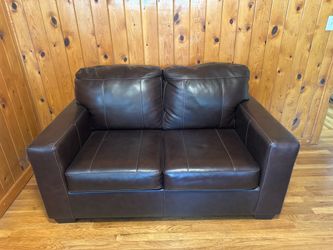 Like New Brown Faux Leather Loveseat – Modern & Compact