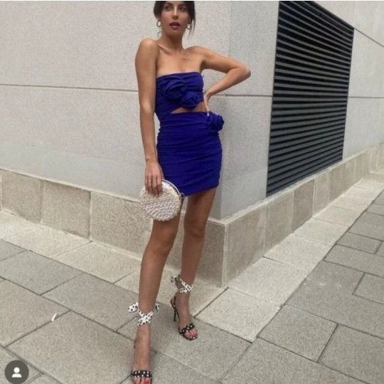 Zara Royal Blue Strapless Floral Rosette Cut Out Mini Dress Size M