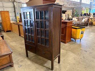 Rustic Dark Finish Wooden Multi-Pane Glass Cabinet with Lower Storage Drawers