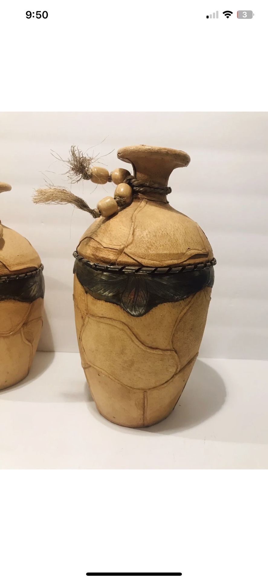 Set Of Two Vintage Leather Wrapped Vases Vintage Farmhouse Rustic Vases 11”,9”. Beautiful and stunning pair of rustic vases, leather wrapped with met