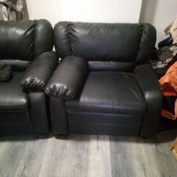 TWO PIECE BLACK LEATHER SOFA CHAIRS