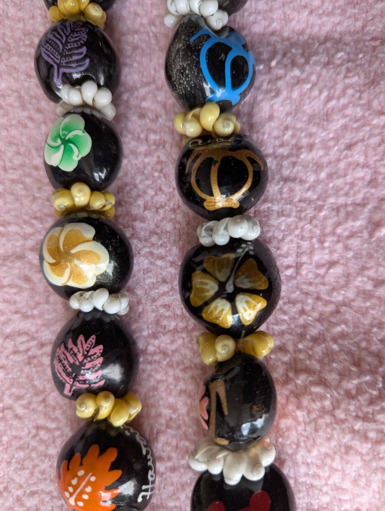 Hawaiian Kukui Nut Necklace Lei- Black /Yellow - 17” Tropical Aloha Festive