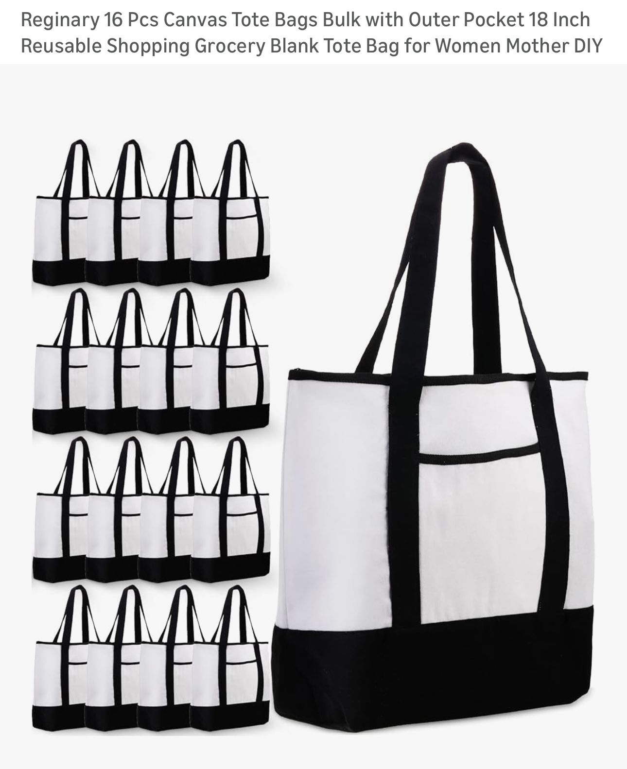 $50 Brand New Reginary 16 Pcs Canvas Tote Bags Bulk with Outer Pocket 18 Inch Reusable Shopping Grocery Blank Tote Bag for Women Mother DIY