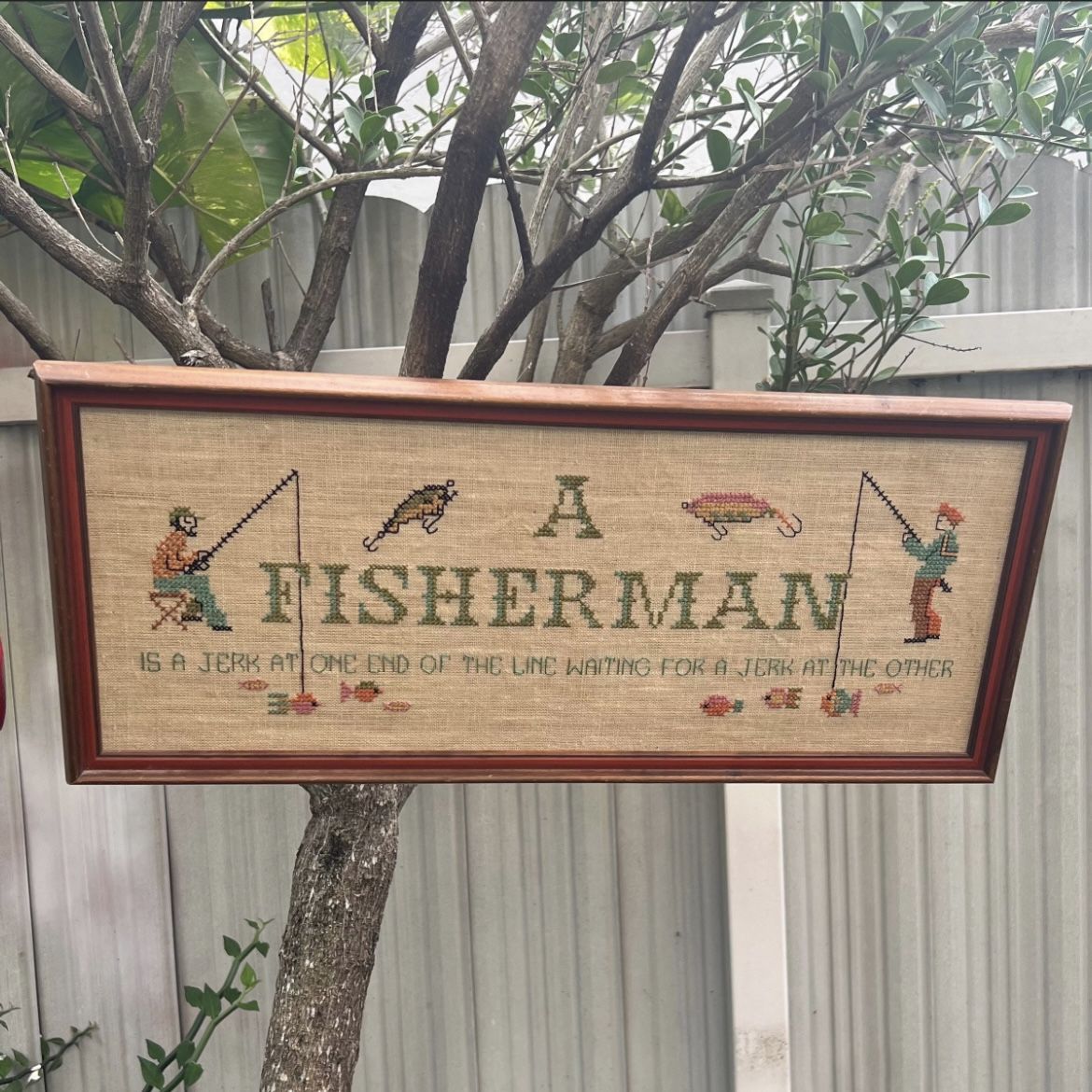 Vintage Large Fisherman Needlepoint Wall Hanging, Fish Tapestry Wall Art, Embroidered Funny Decor, Cottage Chic Painting, Retro Gift for Dad