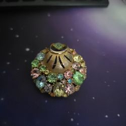 Vtg Green Pink Blue Spring Pastel Sparkling Rhinestone Gold Pin Brooch 