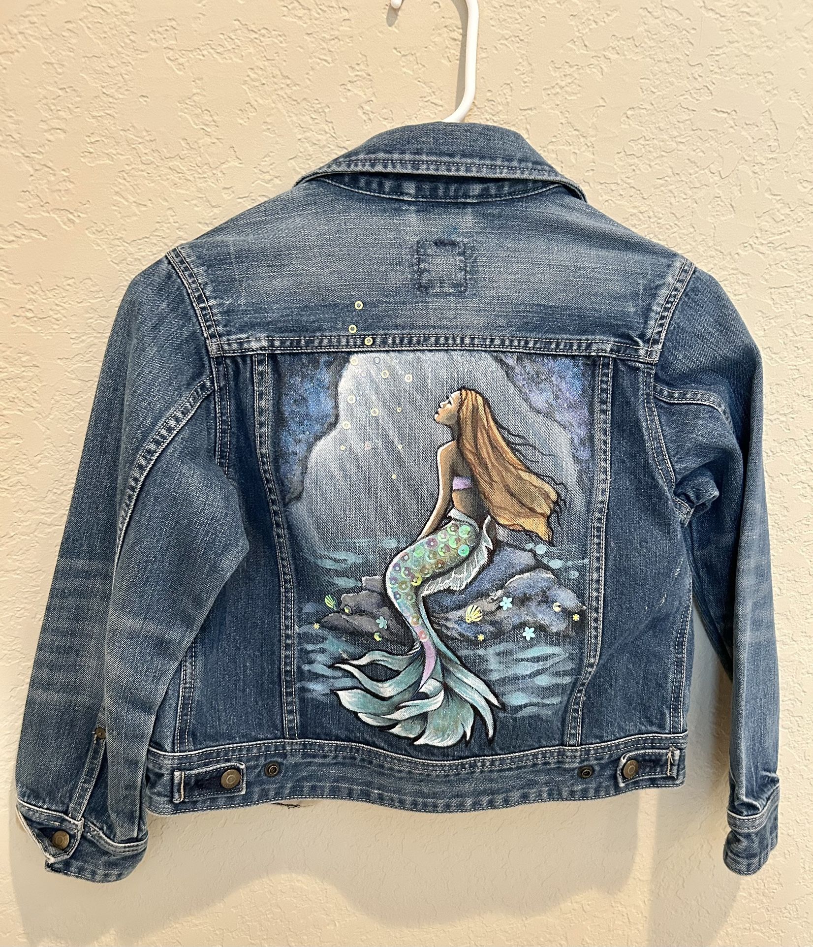 Girls Hand Painted Little Mermaid Denim Jacket Size 8