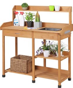 Yaheetech Potting Bench with Sink & Drawer, Outdoor Gardening Table, Wood