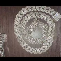 Silver Diamond Cuban Link Chain 