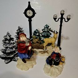 7 Vtg 1990s Mervyns ChristmasVillage Trees,Fig,Clock,Light,Kid Playing,squirrels