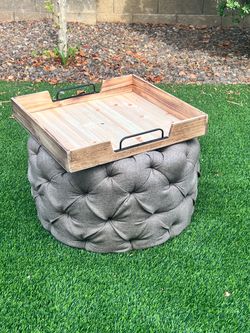 Square Wooden Ottoman Tray with Metal Handles