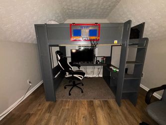 Gray Loft Bed with Desk and Shelves