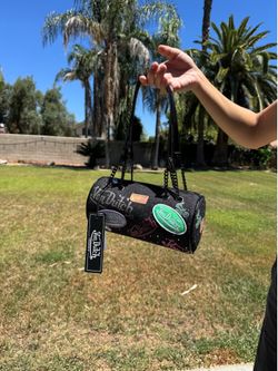 Von Dutch Black Logo Print Cylinder Shoulder Bag w/ Chain Strap, Zip, Tag