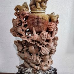 19" Antique Chinese Carved Soapstone Foo Dog Guardian Lion Pillar Vessel.