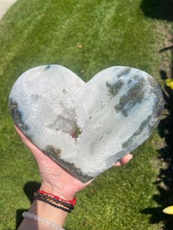 Large miss agate heart carving with quartz Druze