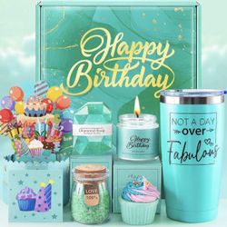 6-in-1 Happy Birthday Gift Set for Women Includes 20 Oz Thermos, Soap, Bath Salts, Cupcake Bath Ball, Candle & 3D Card, Relaxing Spa Gifts, NEW In Box