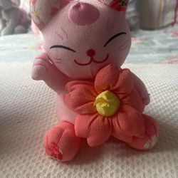 Japanese Happy Cat, The Lucky, Cat And Pink With A Flower