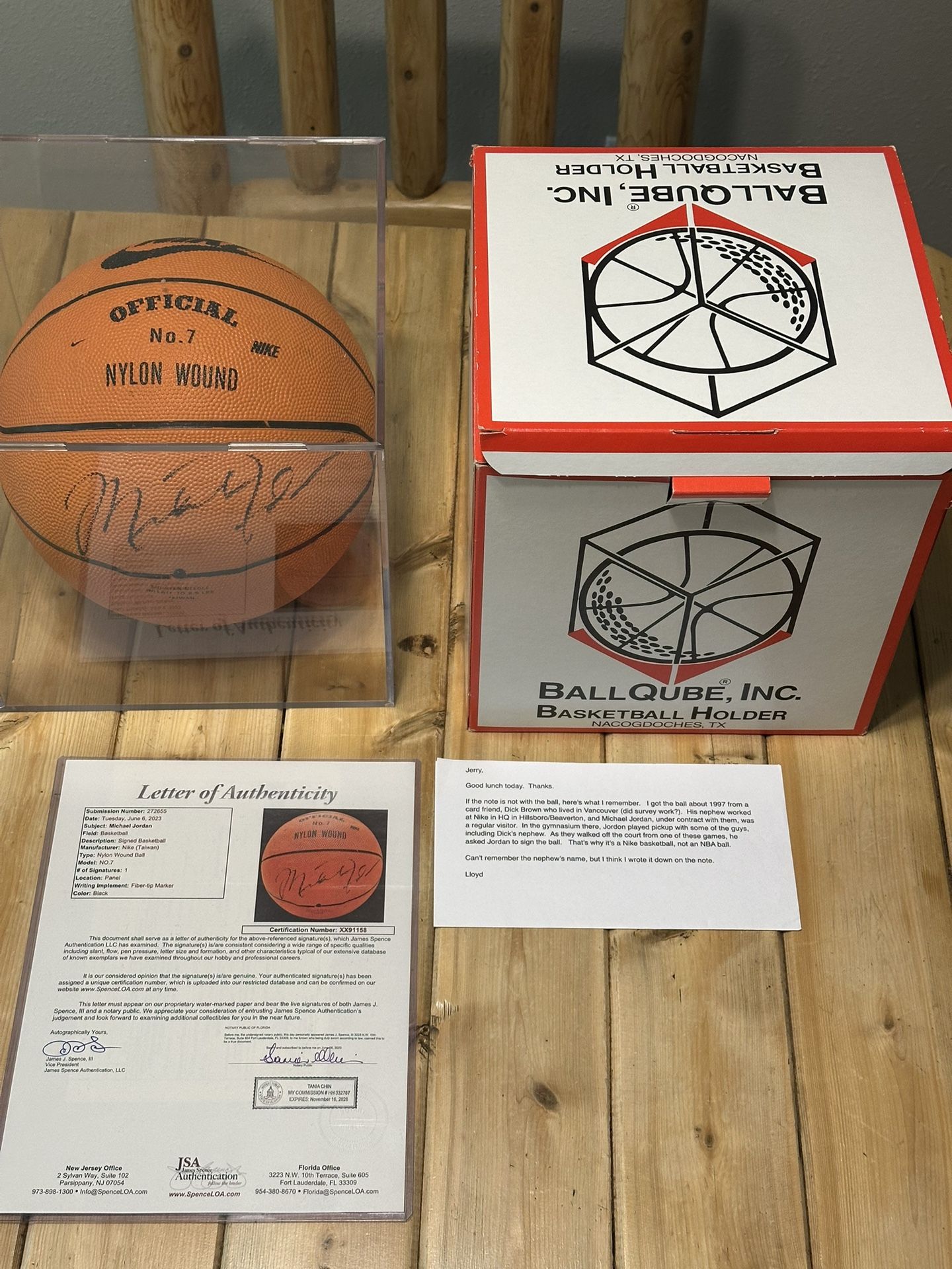 1997 JSA/DNA MICHAEL JORDAN GAME USED AUTOGRAPHED NIKE BASKETBALL - 1997 Signed after a Pick Up Game for a NIKE EMPLOYEE why it is a Gym Ball verse a