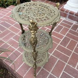 Antique Cast Iron Heavy Ornate Plant Stand Tiered Vintage End Table Indoor Outdoor Victorian 