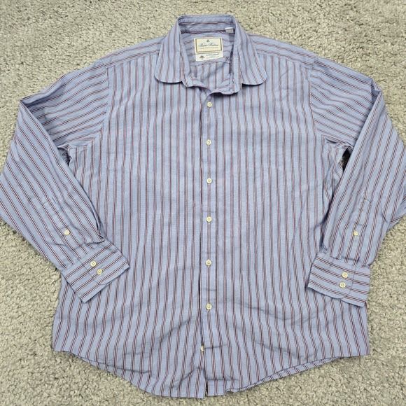 Brooks Brothers Shirt Men 16.5 - 35 Blue Red Stripe Button Thomas Mason Office