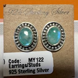 Green Rainbow MoonStone Stud Earring Post 925 Sterling Silver